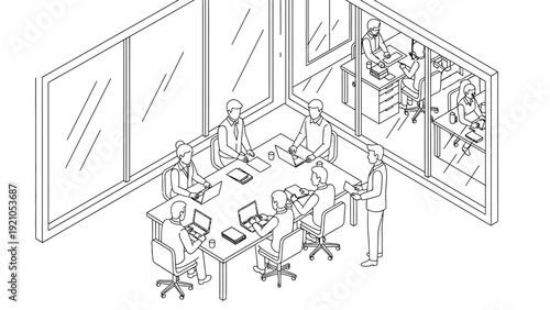 business professionals actively collaborating and presenting during a strategic meeting in a modern office conference room reflecting corporate teamwork and productivity.