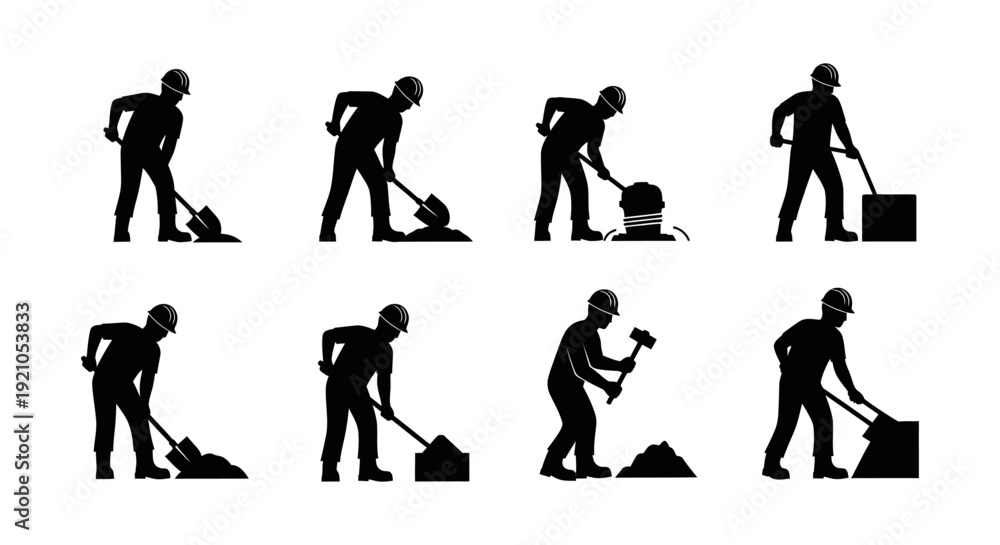 Fototapeta premium construction workers performing manual labor shoveling hammering and compacting at a job site illustrating industry work.