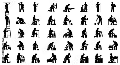 construction workers performing diverse building and repair tasks using tools representing skilled manual labor and industry.