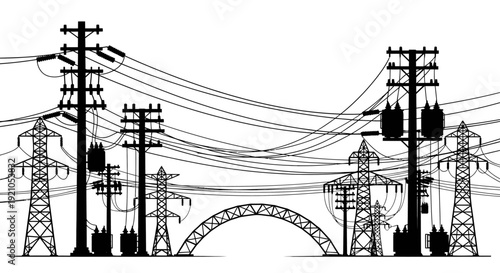 complex electrical power grid silhouette featuring utility poles transmission towers and power lines illustrating modern energy distribution.