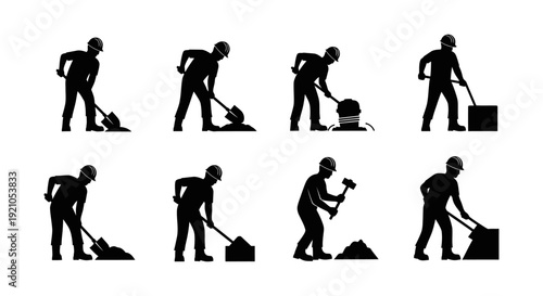 construction workers performing manual labor shoveling hammering and compacting at a job site illustrating industry work.