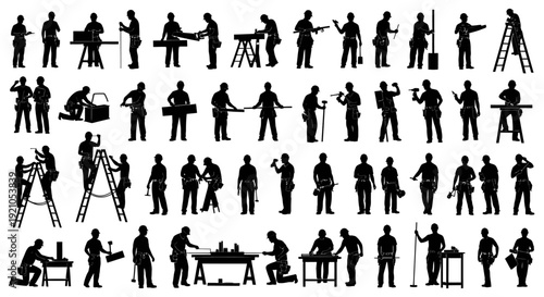 construction worker silhouettes performing various building and home improvement tasks illustrating skilled trades and manual labor concepts.
