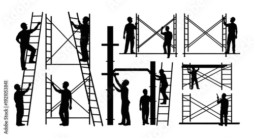 construction workers silhouetted assembling and climbing modular scaffolding illustrating industrial teamwork labor and construction safety practices.