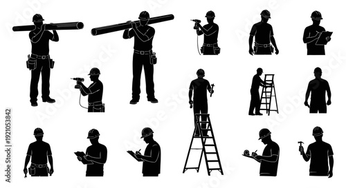construction workers silhouettes performing diverse tasks from carrying materials and drilling to inspecting illustrating skilled labor and trades.
