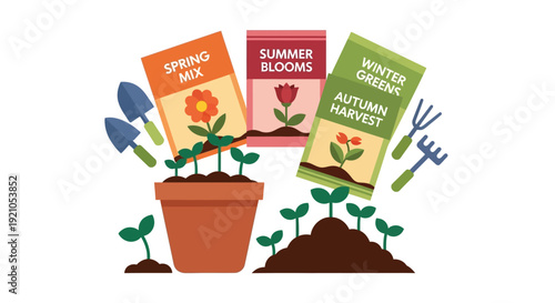 Potted Plant with Gardening Tools and Seeds.