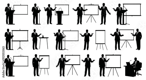 corporate presentation silhouettes professionals speaking lecturing and interacting with podiums screens and flip charts for training.