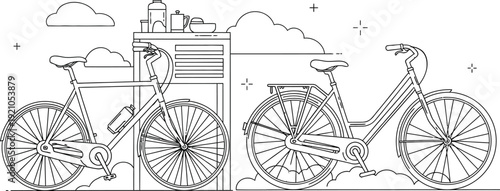 Two bicycles with cargo racks and water bottles line art illustration for travel and delivery concepts isolated on white