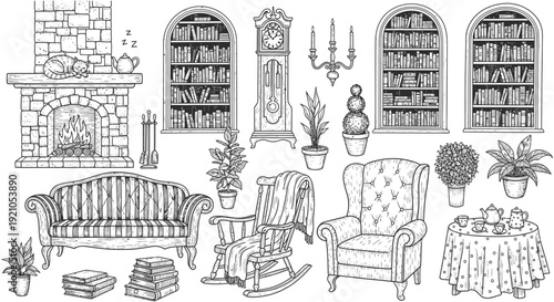 cozy living room interior sketch with fireplace bookshelves comfortable furniture plants. vintage home decor.