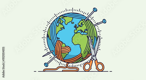 Global Sewing Concept with Knitting Needles and Scissors.