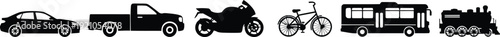 Collection of diverse vehicle icons including car truck motorcycle bicycle RV and train in a simple black silhouette style for transportation themes