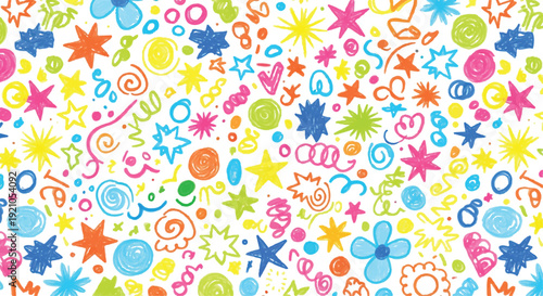 A vibrant and colorful array of stars, swirls, and geometric shapes in a playful pattern. Vector