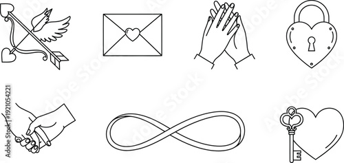 Collection of romantic line art icons including cupids arrow envelope praying hands heart lock holding hands infinity symbol and key to heart for love and relationship concepts
