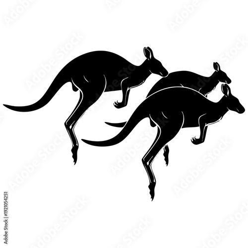 Three Kangaroos Jumping Silhouette - Australian Wildlife Trio Woodcut Vector Art