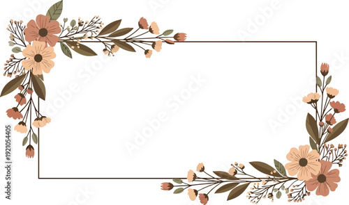 Elegant wildflower rectangular frame vector illustration with autumn-toned blossoms and leaves on white background.