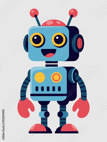Friendly blue robot character with big yellow eyes and red gloves, standing happily on a plain background. This cute, smiling artificial intelligence bot illustration is perfect for educational techno