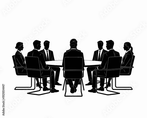 Diverse group of business professionals engaged in a collaborative meeting around a round table, discussing strategies and making decisions in a modern office environment, representing teamwork, corpo