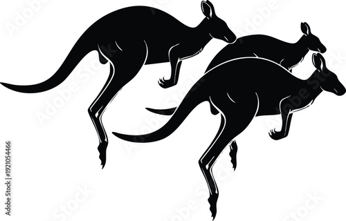 Three Kangaroos Jumping Silhouette - Australian Wildlife Trio Woodcut Vector Art