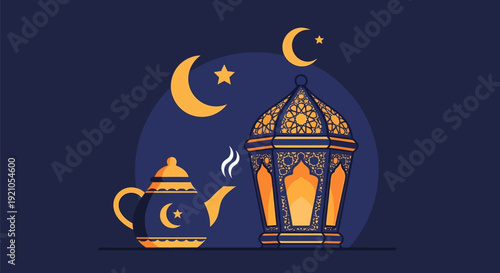 Islamic Lantern and Teapot with Crescent Moon.