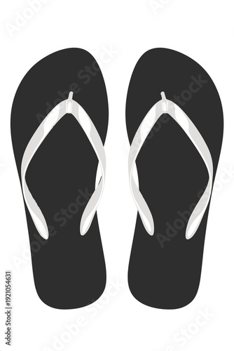 Pair of Black Flip-Flops with White Straps Isolated on White Background - Top View, Minimalist Summer Beach Footwear for Vacation, Travel, Leisure, poolside, casual style, beach party, summertime recr