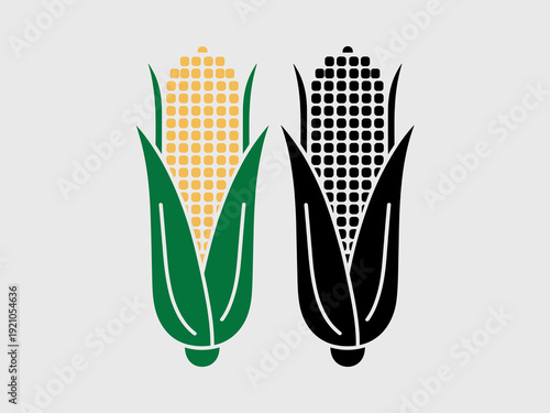 Two Stylized Corn Cobs, One Yellow and Orange with Green Leaves, the Other Black Silhouette, Isolated on White Background, representing Organic Agriculture, Healthy Food Production, Farm Harvest, Vega