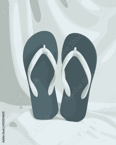 Minimalist Dark Gray Flip-Flops with White Straps Centered on Flowing White Fabric, Clean Studio Backdrop, Effortless Summer Style, Beach Vacation Essential, Casual Footwear for Relaxation and Comfort