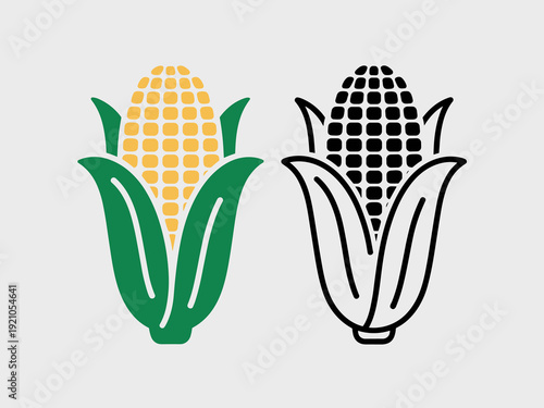 Golden Staple: Vibrant illustration of a ripe ear of corn with detailed kernels and lush green husks, presented in a stylized, graphic format alongside a minimalist black and white outline icon. This
