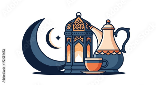 Islamic Illustration with Mosque Teapot and Crescent Moon.