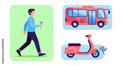 Man Walking with Key and Vehicles.