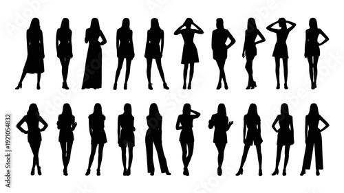 Diverse Fashionable Women Silhouettes: A Collection of Elegant Female Figures Posing Confidently in Various Stylish Outfits and Stances, Perfect for Fashion Shows, Editorial Spreads, Marketing Campaig