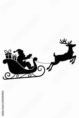 Silhouette of Santa Claus driving a sleigh filled with gift boxes, pulled by a leaping reindeer at night, evoking Christmas Eve magic and festive holiday cheer for advertising, invitations, greeting c
