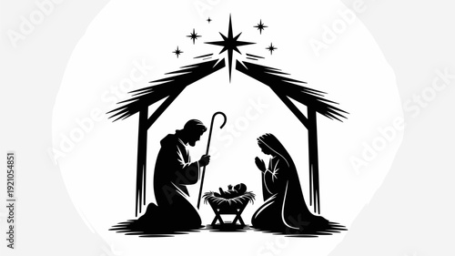 Elegant silhouette of the Nativity scene, featuring Mary and Joseph kneeling beside baby Jesus in a manger under a star-lit sky within a stable, symbolizing Christianity, hope, faith, and the Christma