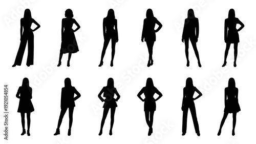 Diverse group of stylish women poised for success, silhouettes showcasing fashionable outfits for business, fashion, and lifestyle photography, symbolizing empowerment, confidence, and modern elegance