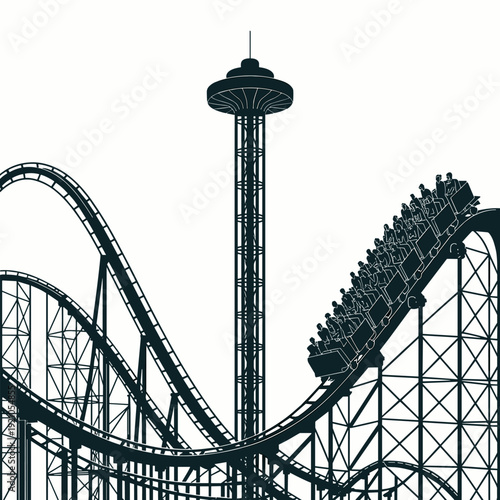 Thrilling Roller Coaster Ride with Passengers Descending Steep Drop Beside Tall Observation Tower, Amusement Park Fun, Thrill Seeking Adventure, Extreme Recreation, Entertainment Venue, Outdoor Leisur