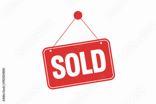 Red 'Sold' Sign Hanging on a String Against a White Background, Symbolizing Business Success, Real Estate Transactions, Completion of Sales, and New Beginnings; Ideal for Commercial Real Estate Listin