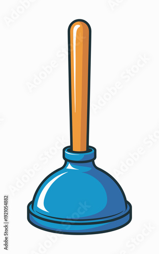 Bright Blue Plunger with Wooden Handle, Essential Plumbing Tool for Home Repair and Clogs, Isolated on White Background, Studio Shot, Cleanliness and Maintenance Concept, Vector Illustration, Graphic