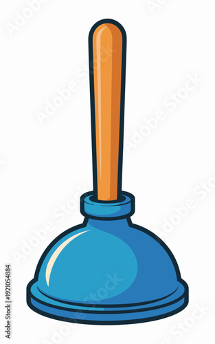 Isolated cartoon blue toilet plunger with orange handle, a helpful tool for clearing blockages and maintaining plumbing fixtures, perfect for illustrating DIY home repair, bathroom maintenance, and se
