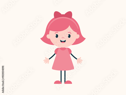 Adorable Little Girl with Pink Hair and Bow, Standing Cheerfully, Ready for Play or Learning, Isolated on Soft Cream Background, Simple Cartoon Vector Illustration, Ideal for Children's Books, Educati