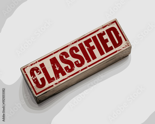 Red 'CLASSIFIED' stamp on distressed wooden block, symbolizing confidential information, secrets, and top-secret documents, isolated on a clean white background for security and privacy concepts.  Thi