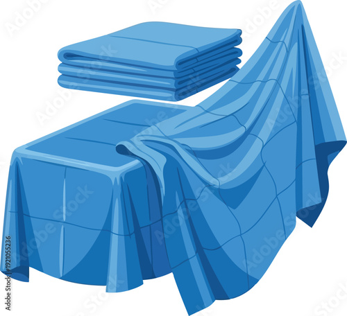 Stack of blue fabric sheets draped over a massage table for spa or salon use vector