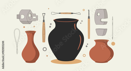 Clay Pottery Vessels and Pottery Tools.