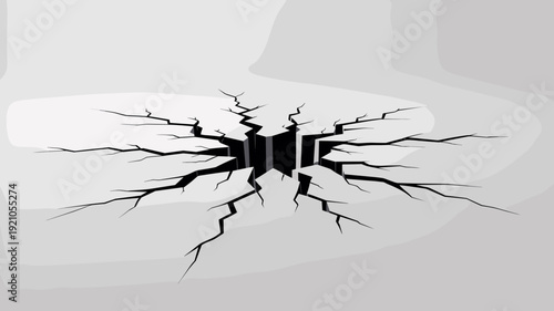 Dramatic Ground Crack Cave Opening Isolated on White Surface, Abstract 3D Rendering of Geological Fracture, Earth Chasm Abyss and Rupture, Symbolizing Disaster, Crisis Breakdown, Severe Damage, and Ca