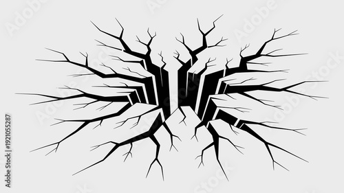 Dramatic Black Crack in White Ground, Abstract Earth Shattering and Fracturing, Representing Disaster or Rupture, Conceptual Symbol for Crisis and Destruction, High Detail Graphic Resource, Broken Sur