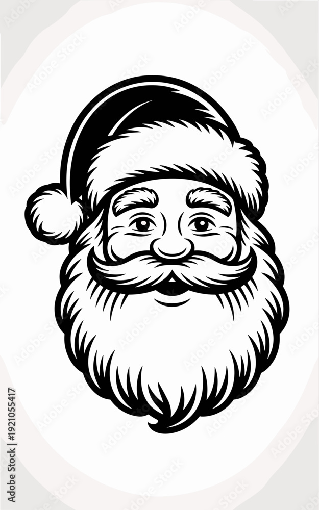 Obraz premium Classic Black and White Illustration of Santa Claus's Friendly Face, Featuring a Red Hat with a Fluffy Pom Pom, Bushy Eyelashes, Thick Moustache, and Full Beard Representing Christmas Spirit, Holiday
