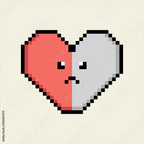 Half Red And Grey Pixel Heart With Sad Expression