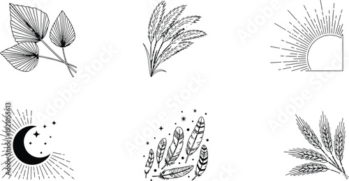 Collection of minimalist boho line art icons featuring celestial bodies feathers and botanical elements for spiritual and natural design