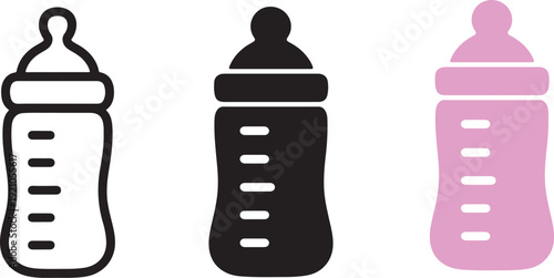 Baby Bottle Outline, Solid and Colorful Vector Icon Set Isolated on White Background. Baby Feeding Bottle Icon Vector