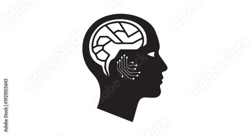 Human Head Silhouette with Brain Illustration in Minimalist Design with Simple Black and White Color Scheme on Plain White Background for Mental Health Awareness