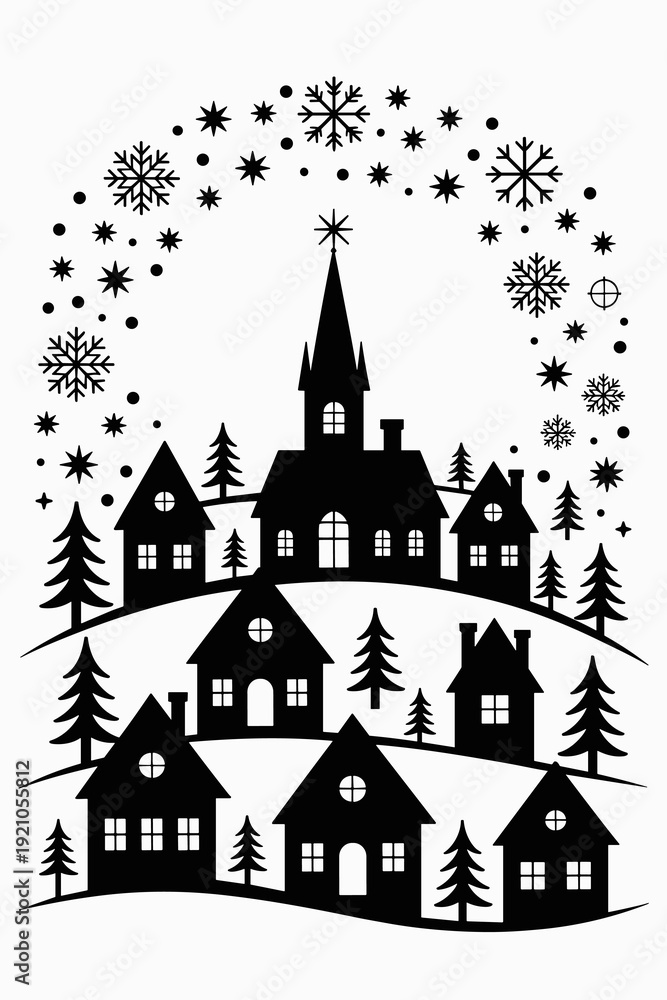 Fototapeta premium Whimsical Silhouette Winter Village Scene: Peaceful Snowy Nightscape with Charming Houses, Tall Church Steeple, and Festive Snowflake Archway, Evoking Cozy Christmas Spirit & Traditional Holiday Nosta
