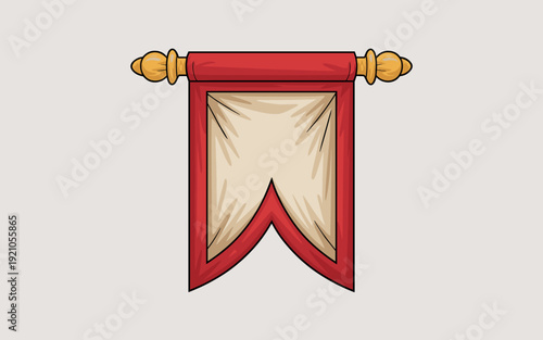 Medieval Banner Flag with Gold Finials Hanging from a Red Scroll Rod, Symbolizing Heraldry, Royalty, and History; Empty Canvas for Customization in Historical Fantasy Games, Royal Announcements, or Vi