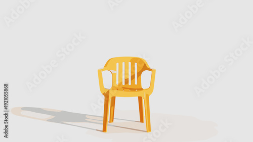 Vibrant Yellow Plastic Garden Chair Sitting Empty Outdoors on a Textured White Surface with Soft Shadow, Minimalist Design, Outdoor Furniture for Patio, Balcony, Poolside, Beach, Cafes, and Relaxing D